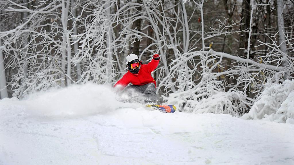 A snowboarding shredding fresh powder at Catamount Ski Resort