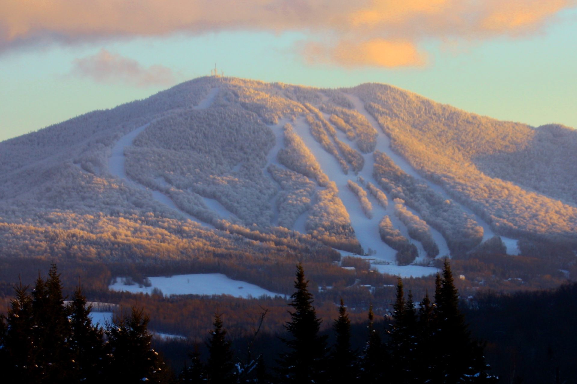 An aerial shot of Burke Mountain in the winter.